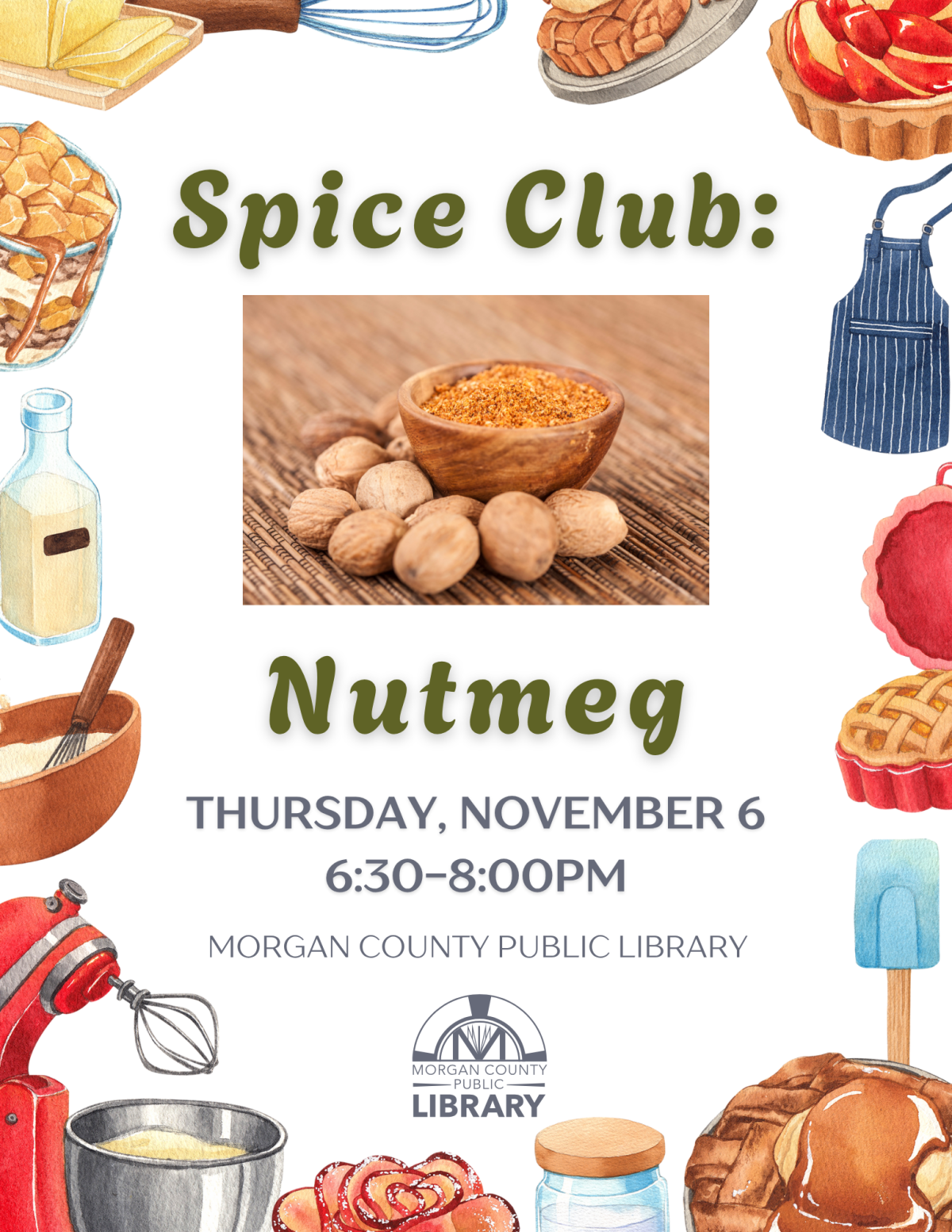 baking implements surround a picture of nutmeg