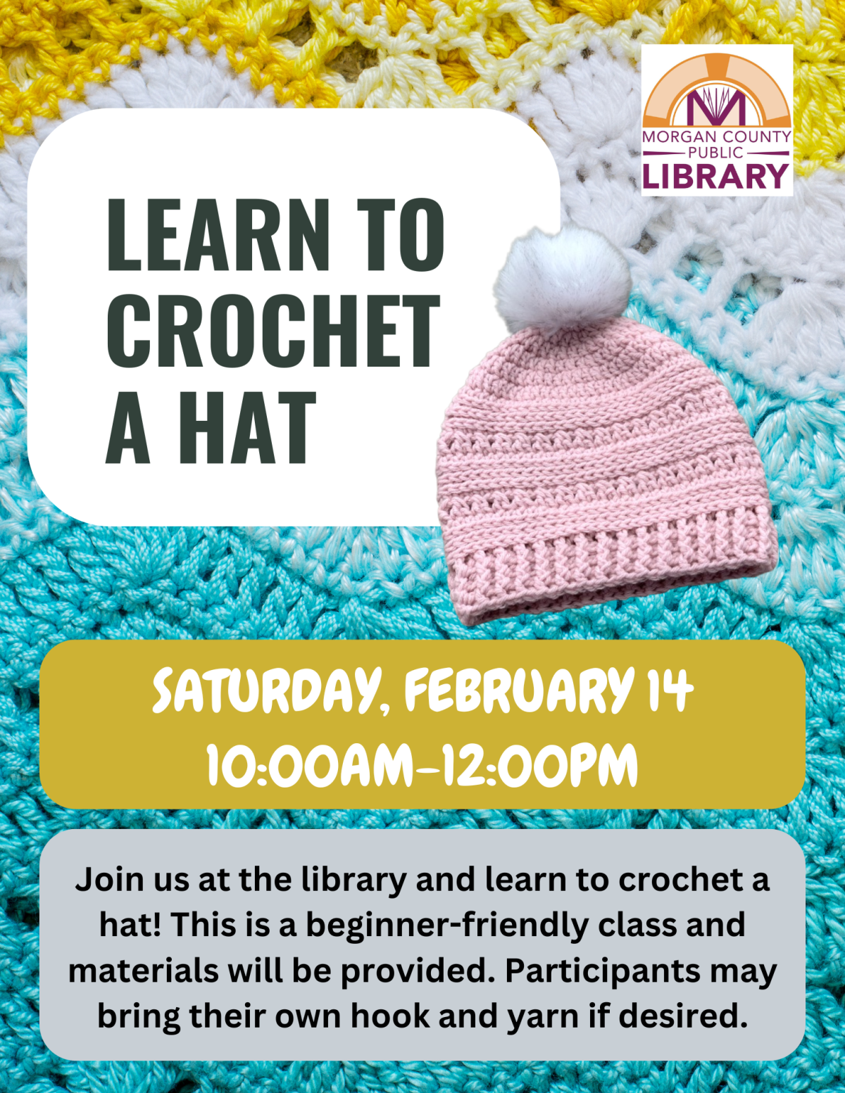 Information about the program on a crocheted background. A pink hat with a white pompom is shown. 