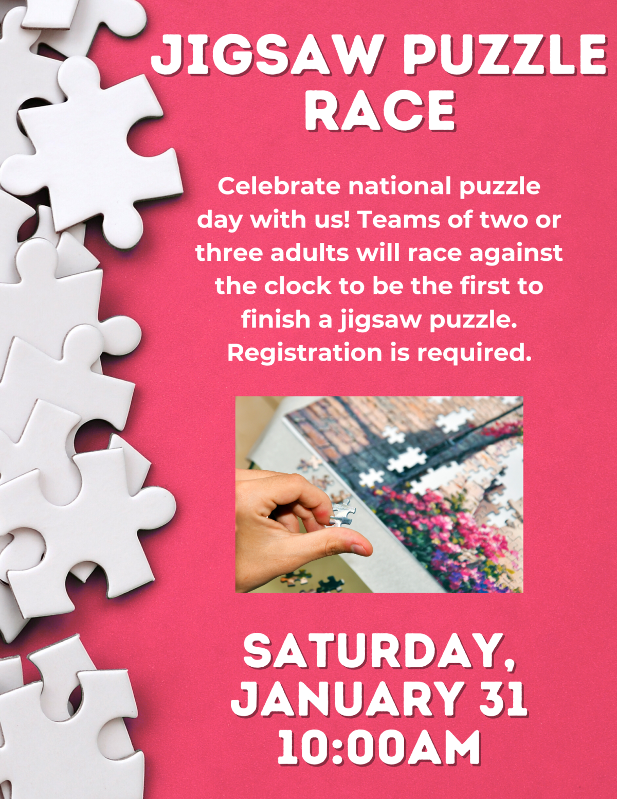 Information about the program on a pink background with white jigsaw puzzle pieces