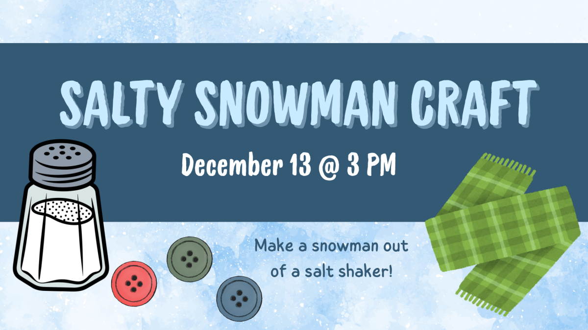 Salt shaker, buttons, and a scarf with text reading "Salty Snowman Craft"